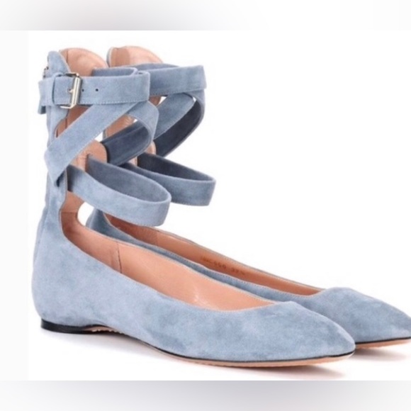 VALENTINO Garavani Suede Ankle Wrap Blue Suede Ballet Flats IT 38.5 - Picture 2 of 13